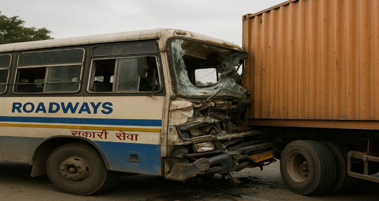 कुशीनगर में सड़क हादसा: रोडवेज बस ने खड़े कंटेनर से टक्कर मारी, एक की मौत, चार घायल