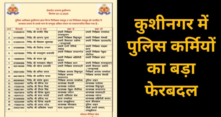 कुशीनगर: पुलिस महकमे में बड़ा फेरबदल, 20 निरीक्षकों और उप-निरीक्षकों के तबादले