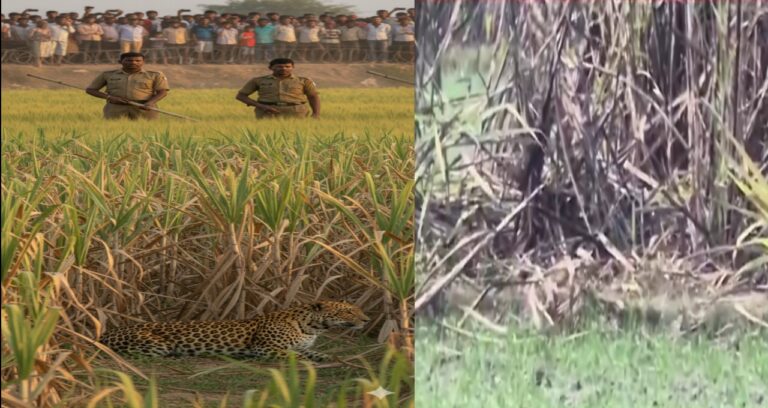 कुशीनगर में गन्ने के खेत में तेंदुआ दिखने से दहशत, वन विभाग की टीम ने पकड़ा